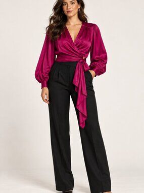 Jeune Otte Magenta 100% Silk Wrap Blouse Balloon Sleeve L